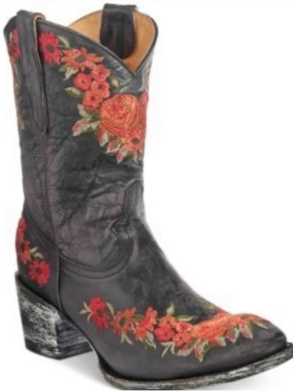 Old Gringo x Anna Sui Black Leather Western Boots with Red Floral Embroidery.